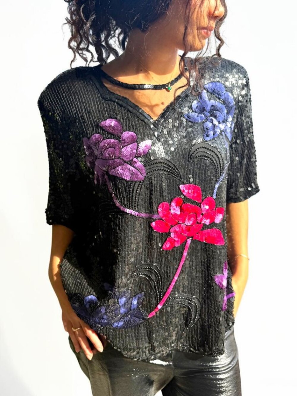 Vintage Royal Feelings 100% Silk Black Sequin Floral Beaded Top 2X